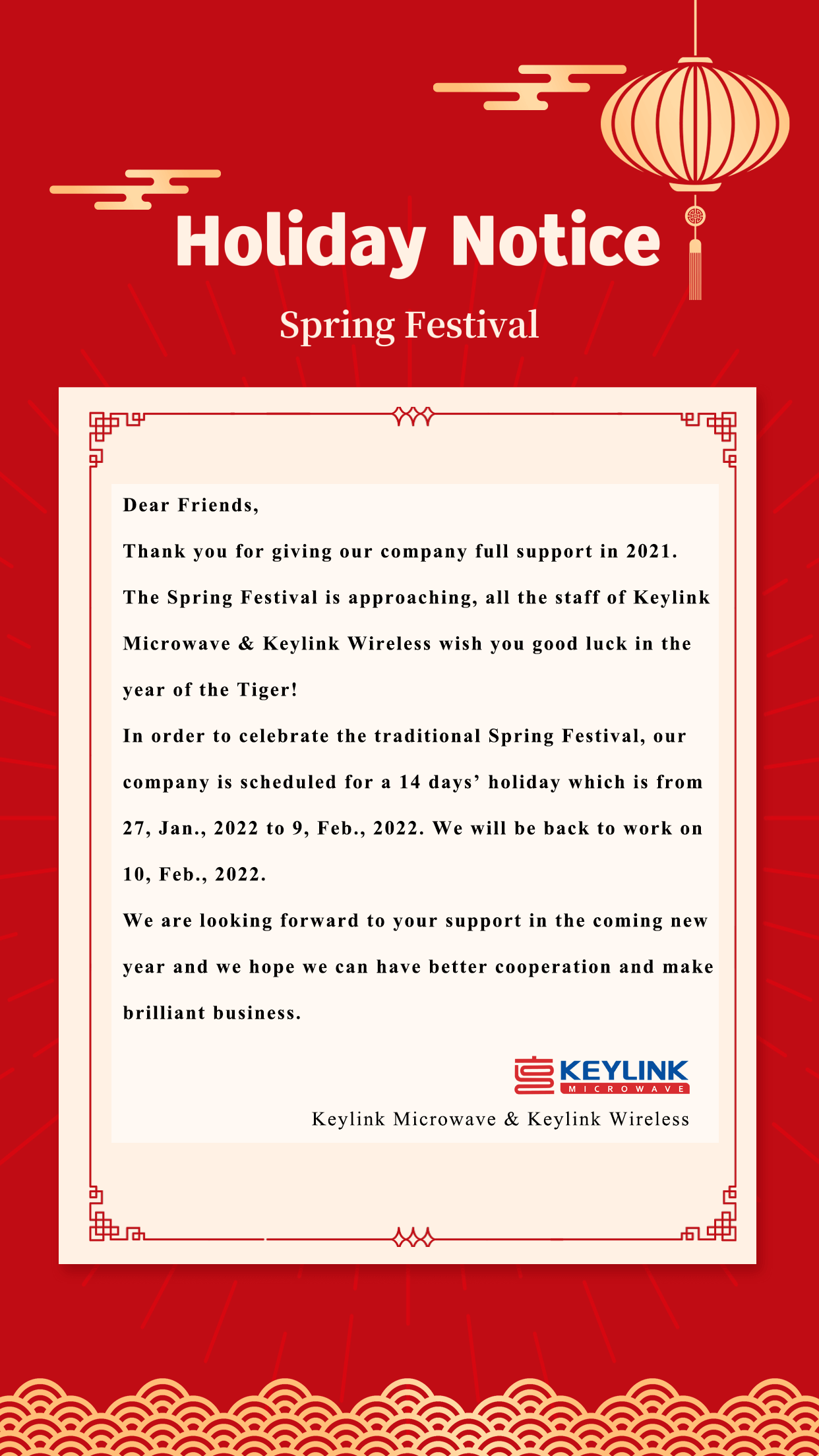 Keylink Microwave Spring Festival Holiday Notice